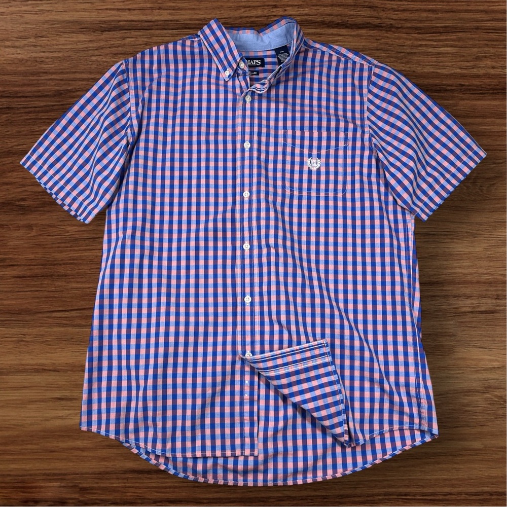Chaps Blue/Pink Check Pattern Short Sleeve Casual Button Down Shirt. Large.